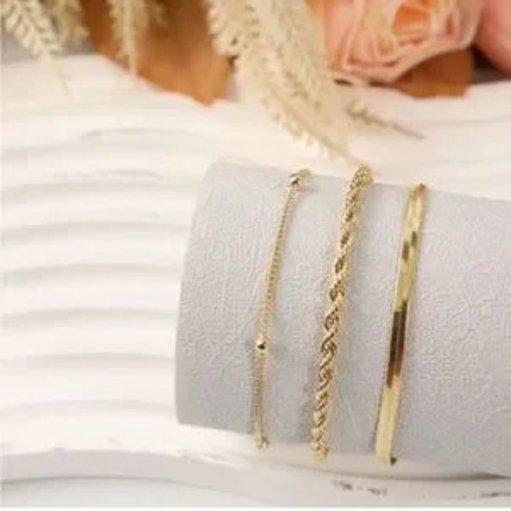 14k Gold Plated 3pc Snake & Beaded Bracelet Set - Picture 3 of 3